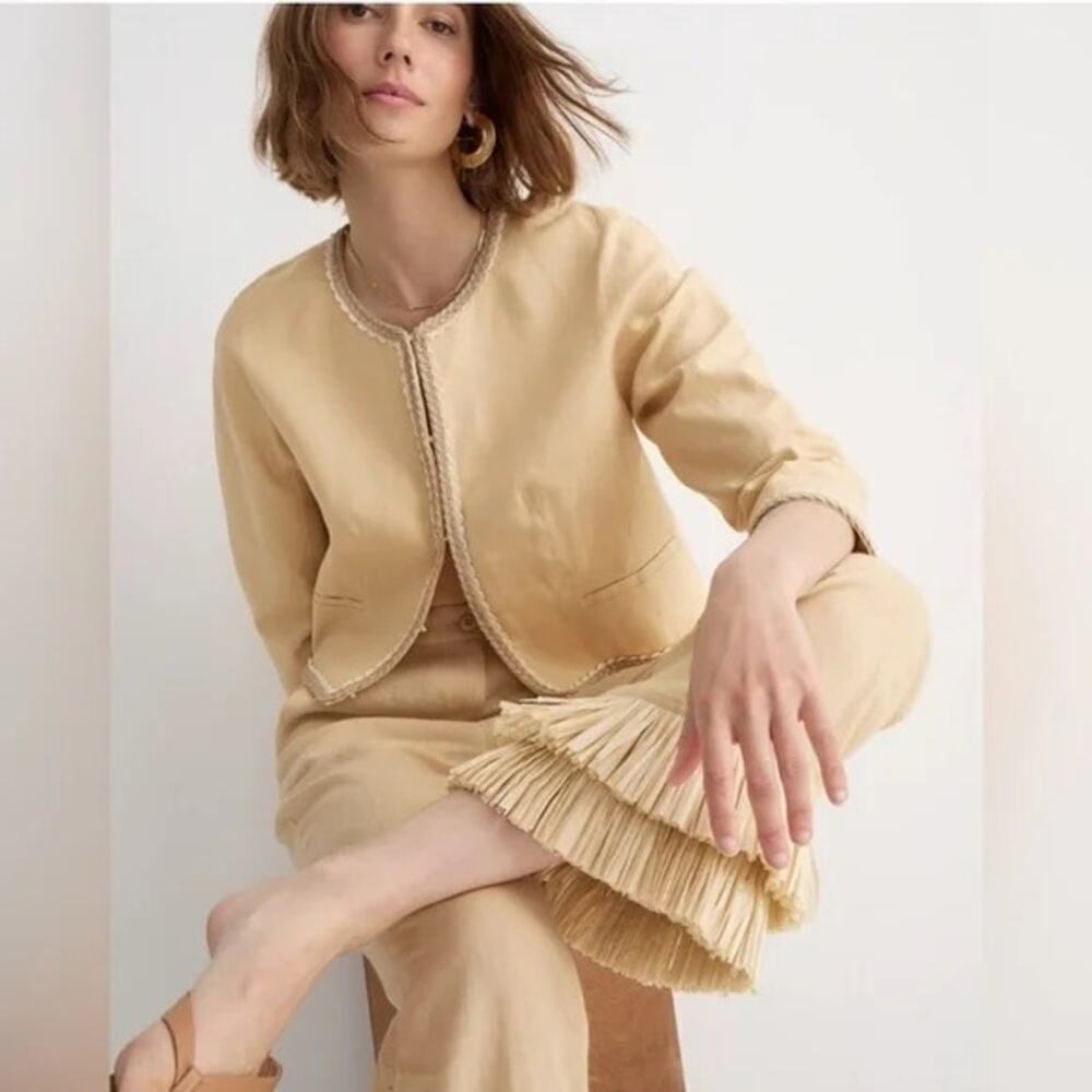J. Crew Cropped Woven Linen Lady Jacket in Buff Clay Women's 4 Collarless